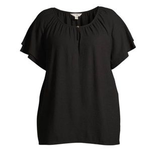 NWT Terra & Sky Women's Plus Size Black Textured Ruffle Sleeve Peasant Top